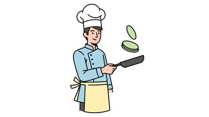 A cheerful male chef skillfully flips food in a frying pan, showcasing culinary expertise in a professional kitchen setting, perfect for cooking demonstrations and culinary content