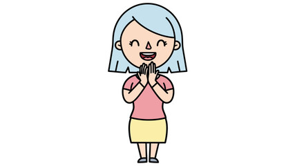 Happy cartoon woman character smiling with hands clasped together, expressing gratitude or apology, isolated on white, in a cheerful and friendly vector illustration style