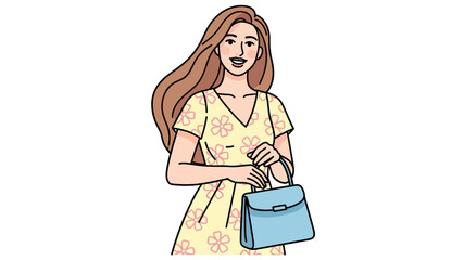 Vibrant illustration of a cheerful woman with flowing hair, in a stylish yellow floral dress, holding a chic blue handbag, embodying modern grace and joy