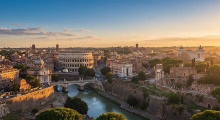 Obraz premium Panoramic view of Rome at sunset showcasing the iconic Colosseum and Tiber River landscape