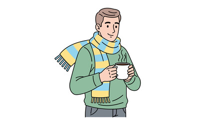 Charming illustration of a cheerful man in a cozy striped scarf and sweater, holding a steaming mug, embodying comfort and warmth during the cooler seasons