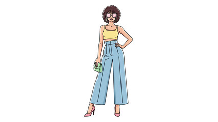Fototapeta premium Stylish woman in trendy outfit illustration, showcasing modern fashion with wide-leg pants and a crop top, perfect for lifestyle and design concepts