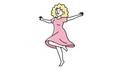 Animated illustration of a cheerful and carefree woman with curly blonde hair in a flowing pink dress, joyfully dancing with expressive movements, embodying happiness and freedom