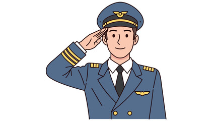 Professional airline pilot in classic uniform saluting, representing dedication and service in the aviation industry. A friendly male character illustration for air travel and flight operations