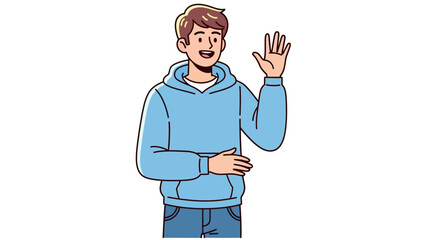 Friendly young man in a casual blue hoodie waves hello with an open and welcoming gesture, a vibrant character illustration conveying warmth and approachability