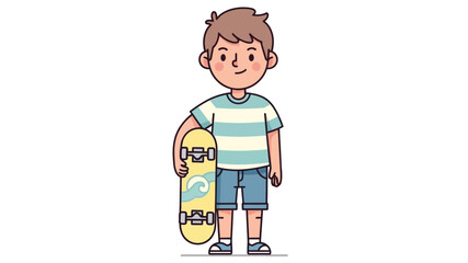 Happy young boy holding a skateboard, depicted in a cheerful and playful cartoon illustration, ready for fun outdoor activities with a positive vibe