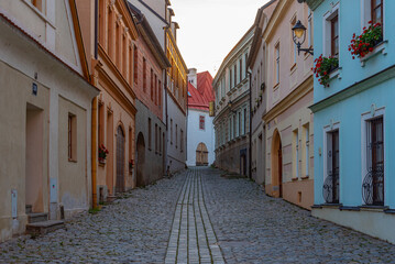 Sunset view of a colourful street at old town of Znojmo in Czech