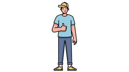 A friendly cartoon character, a young man wearing a cap and t-shirt, standing and confidently giving a thumbs-up gesture, symbolizing approval and success