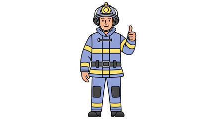 Brave cartoon firefighter in protective uniform and helmet giving a confident thumbs-up gesture, symbolizing safety, approval, and readiness to help in emergency situations