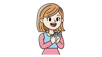 Smiling woman cartoon character with hands clasped, expressing joy and gratitude. A cheerful and friendly illustration perfect for themes of appreciation, thankfulness, or welcome