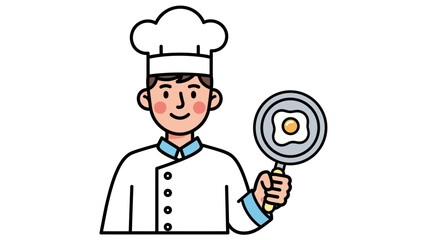 Smiling Professional Culinary Character Expertly Presenting a Perfectly Fried Egg in a Pan, Showcasing Dedication to the Art of Cooking and Kitchen Work