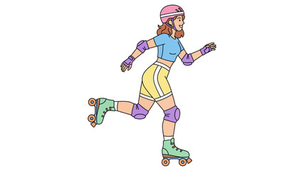 Energetic young woman enjoying a fun roller skating session, wearing protective gear like a helmet and pads, engaged in an active outdoor hobby or sport with a cheerful attitude