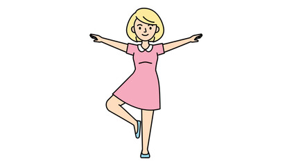 Young woman in a vibrant pink dress demonstrates excellent balance and concentration, standing gracefully on one leg with arms outstretched, embodying a sense of calm and focused well-being 