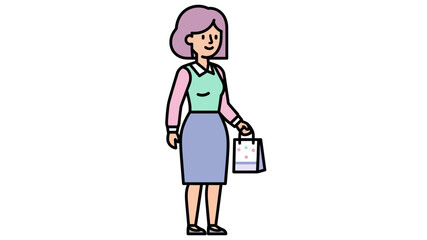 Smiling cartoon woman with purple hair, holding a shopping bag, symbolizing a happy customer. Ideal for retail, lifestyle, and consumer design concepts