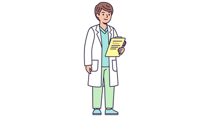 Caring healthcare professional in a lab coat with a clipboard, ready to assist patients or conduct research, depicted in a friendly cartoon style