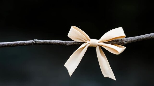 Beige fabric bow tied on thin branch against black background