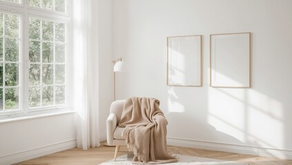 Sunlit corner with cozy chair and minimalist art bathed in warm afternoon light