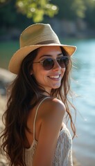 Smiling woman in a sun hat by the water