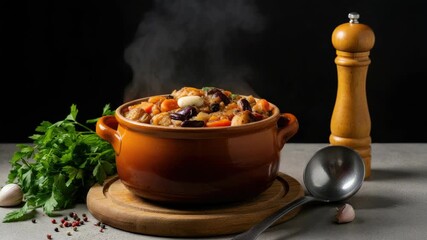 Steaming vegetable stew in clay pot with parsley, pepper mill, and ladle on wooden table - Powered by Adobe