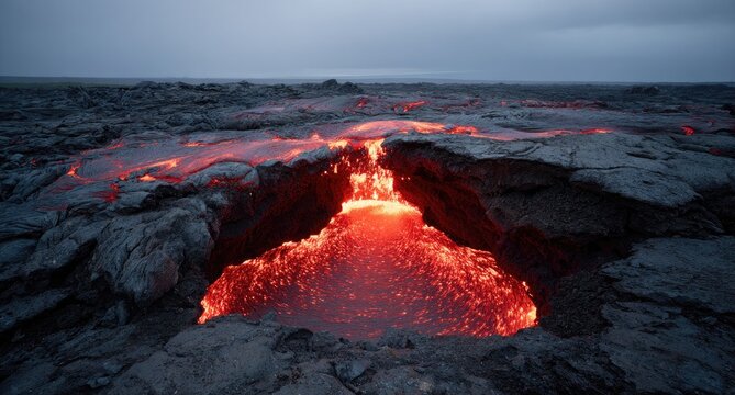 Molten lava flows from a volcanic fissure