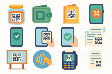 Fototapeta premium Qr code, digital payment flat icon set. transaction icons collection for technology