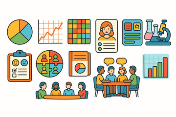Teamwork and research flat icon set. collaboration, analysis, and presentation icons collection