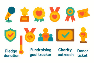 Charity, fundraising flat icon set. donation, volunteer symbols collection