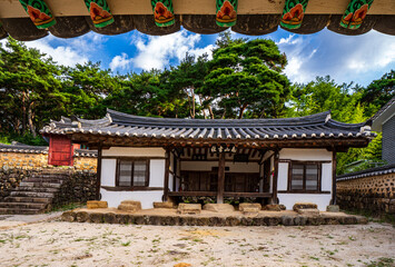 GYEONGJU, SOUTH KOREA - AUGUST 27, 2025: A view of a traditional hanok building within the Jongojeong Pavilion complex on August 27, 2025, in Gyeongju, South Korea. Jongojeong, a historic site from th