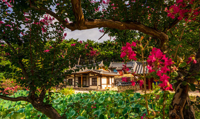 GYEONGJU, SOUTH KOREA - AUGUST 27, 2025: A view of a traditional hanok building within the Jongojeong Pavilion complex on August 27, 2025, in Gyeongju, South Korea. Jongojeong, a historic site from th