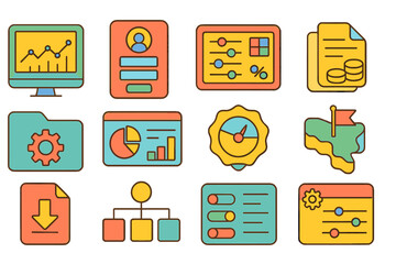 Data analysis, report flat icon set. financial, analytics, chart, graph icons collection
