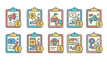 Marketing and analytics flat icon set. seo, social media, data analysis icon collection
