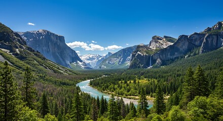 Fototapeta premium Majestic view of a mountain valley with river and abundant green vegetation beneath clear skies