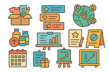 Business strategy and marketing icon set. outline style collection of 12 professional icons.