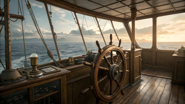 A cinematic nautical scene viewed from inside the wheelhouse of a classic wooden sailing vessel, evoking the golden age of seafaring adventure