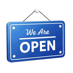 A glossy blue rectangular hanging sign with the text 'We Are OPEN' written in white, indicating a business is ready for customers.