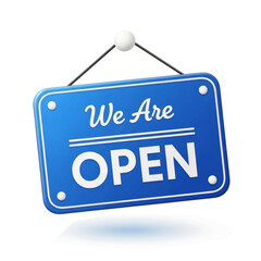 A glossy blue rectangular sign with the words 'We Are OPEN' in white, hanging from a knob against a white background.
