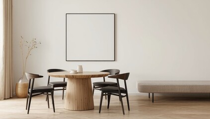 Modern dining set with rustic wooden table and black chairs in a bright airy room with a blank canvas artwork