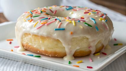 A close-up, mouthwatering shot of a soft, fluffy donut coated in a glossy, creamy vanilla glaze that drips luxuriously down its sides in smooth, uneven rivulets
