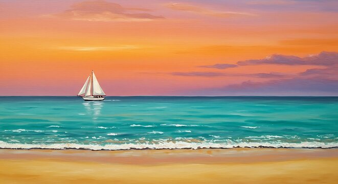 Sailboat gliding on teal waters during a vivid sunset painting offering tranquility