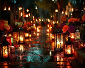 Many candles glowing at night in a cemetery, All Saints Day memorial setting