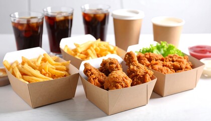Crispy fried chicken and french fries served in disposable cardboard containers, alongside drinks in glasses and paper cups, present a simple, convenient meal.