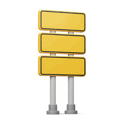 Three blank yellow road signs on posts, isolated on white background.