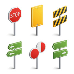 Isometric view of various road signs, including stop, direction, and warning symbols for traffic guidance. © DediGalihWisnumurti