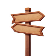 A wooden signpost with two blank arrow-shaped signs pointing in opposite directions, isolated on a white background.