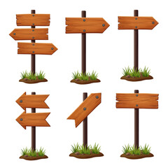 Wooden signposts with arrows pointing in different directions on a white background.