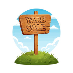 A wooden yard sale sign planted in green grass with a blue sky and fluffy clouds in the background.