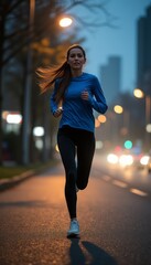 Fototapeta premium Determined woman jogging on a city street at dusk