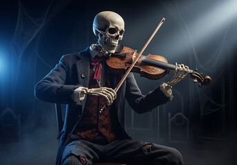 Skeleton in suit playing violin