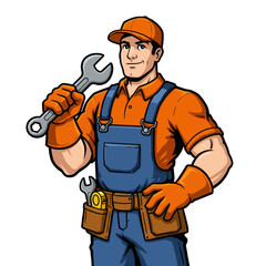 A cartoon illustration of a male construction worker wearing blue overalls, an orange shirt, and a baseball cap, holding a wrench.