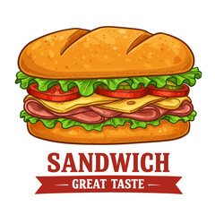 A delicious sandwich with ham, cheese, lettuce, tomato and pickles.